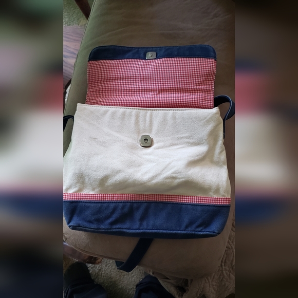 Liz Claiborne Blue and Cream Crossbody Bag Sleek Design. Villager. Measures 10x9 - Picture 5 of 9